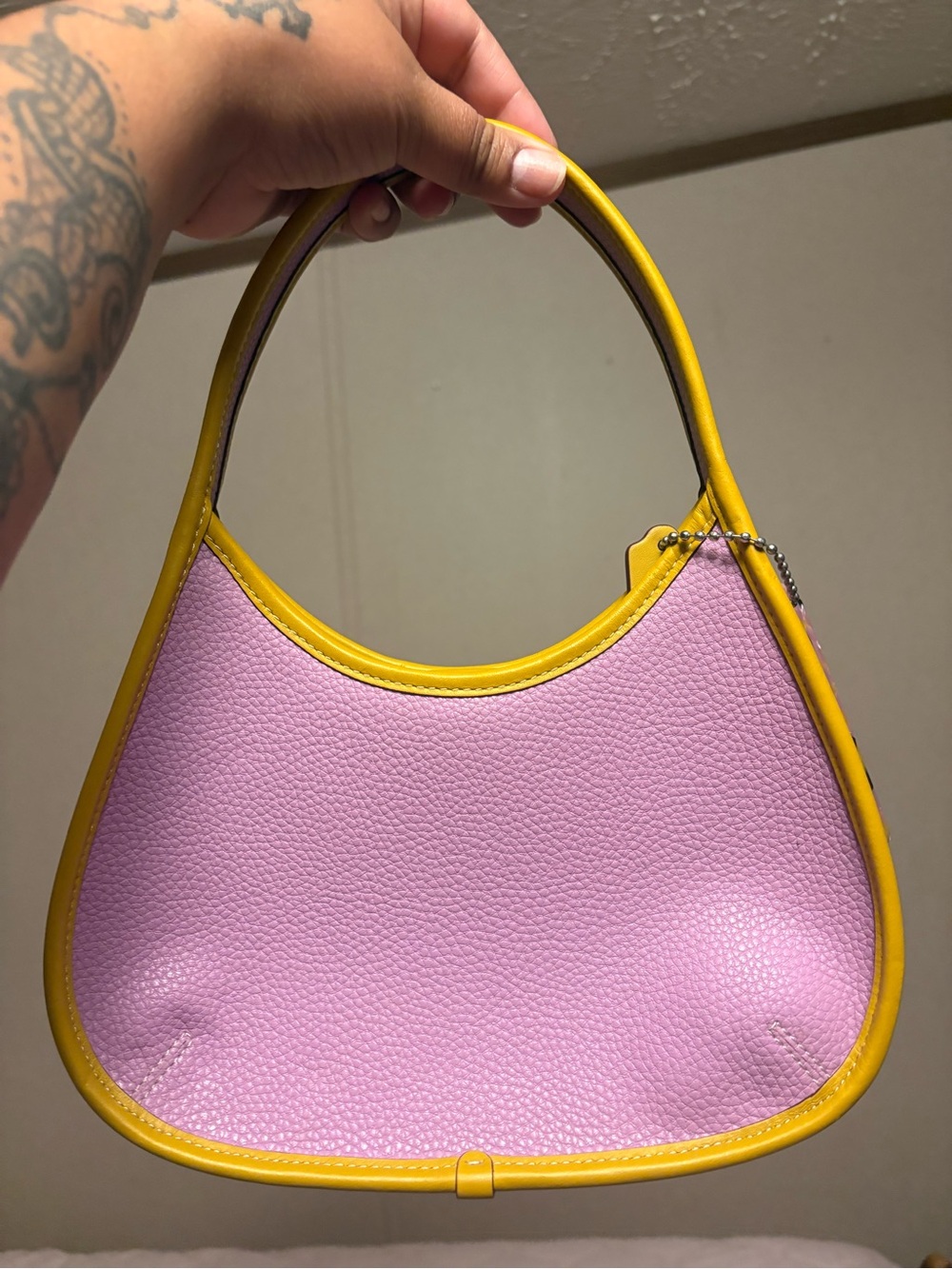 Pink Pebbled Shoulder Bag with Yellow Trim